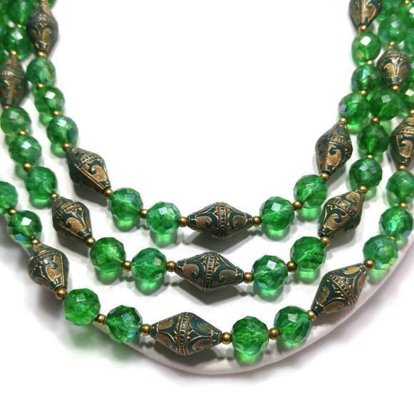 Vintage Green Gold Art Beads Necklace, Three Strands, 19 Inches - Picture 1 of 10